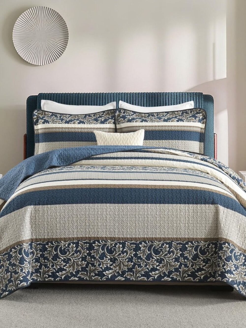 100% Cotton Quilt Set Queen Size - Striped Quilted Comforter, Patchwork